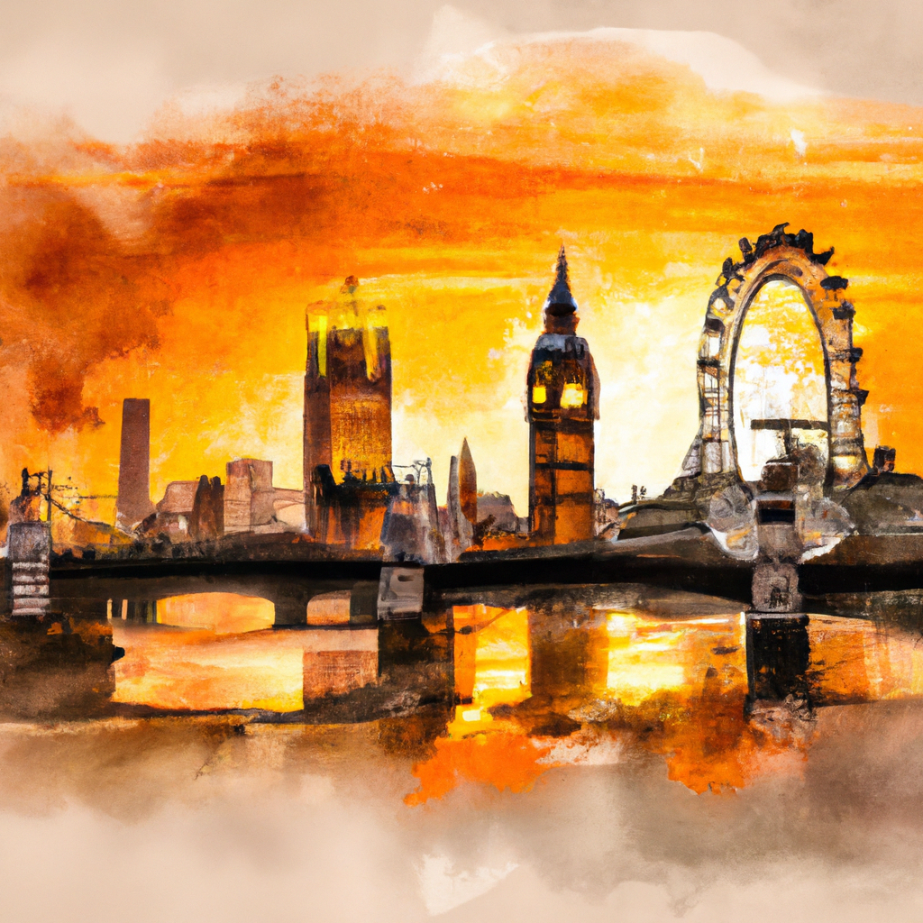 Iconic London skyline featuring Tower Bridge, London Eye, and Big Ben at sunset, no text elements, photorealistic lighting with warm golden hues. Style: Watercolor Painting, Theme: Urban Elegance