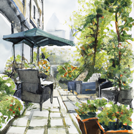 London garden terrace with lush plants and comfortable seating, no text, urban oasis with privacy features. Style: Watercolor Painting, Theme: Urban Elegance