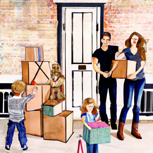 Family moving into new London home with moving boxes and excitement, no text, joyful moment of transition. Style: Watercolor Painting, Theme: Urban Elegance